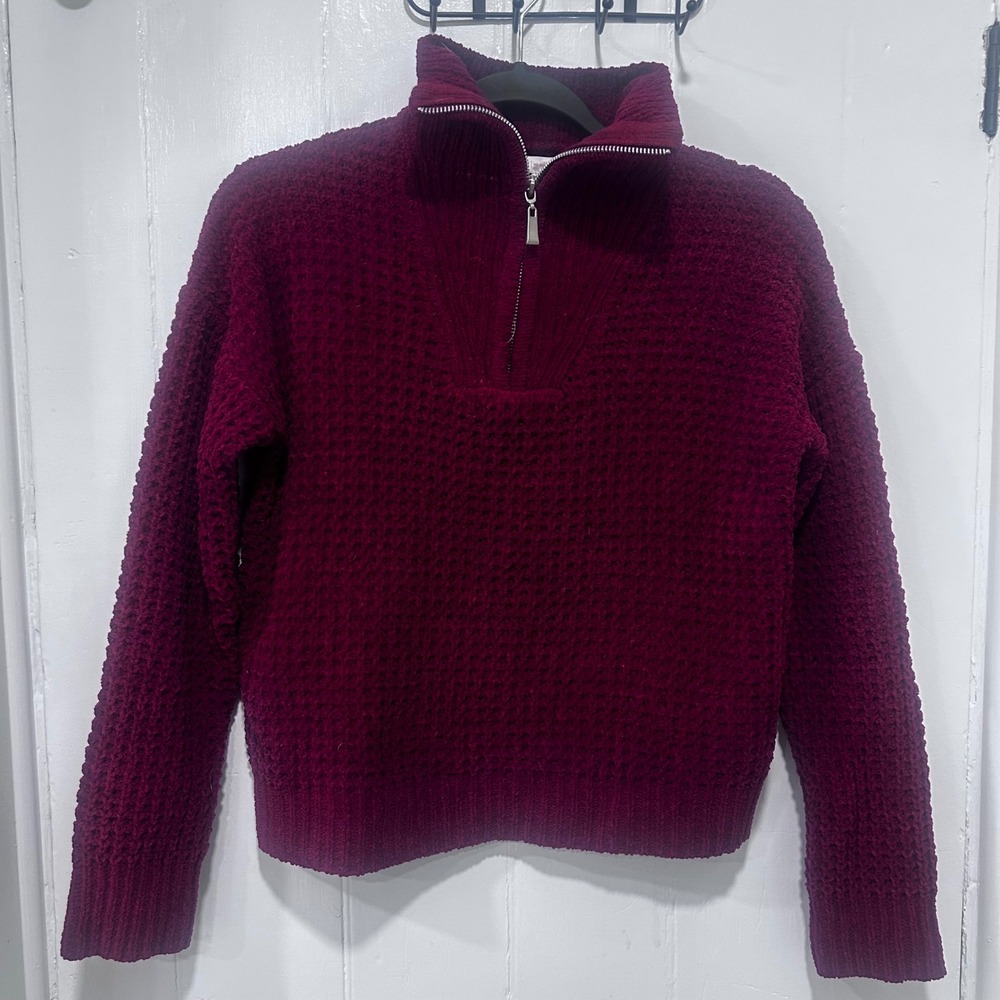 No Boundaries Women Burgundy Red Chenille Waffle Knit Quarter Zip Sweater M